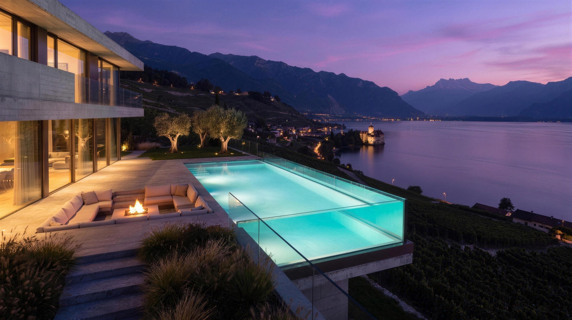 Piscine à débordement éclairée à l’heure bleue, face au lac et aux montagnes