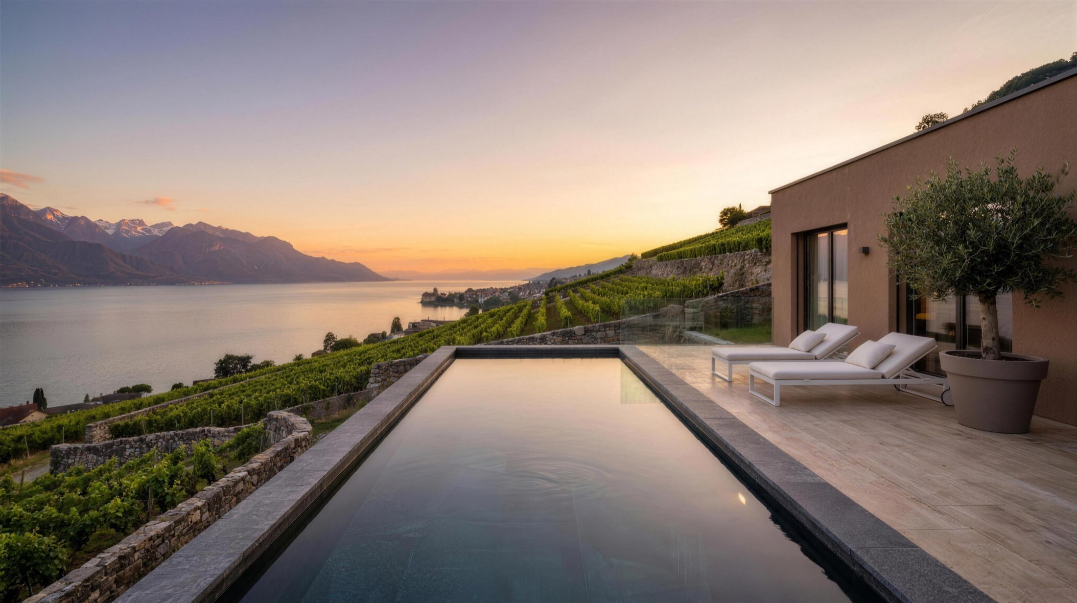 Piscine à débordement sombre au-dessus des vignes et du lac au coucher du soleil