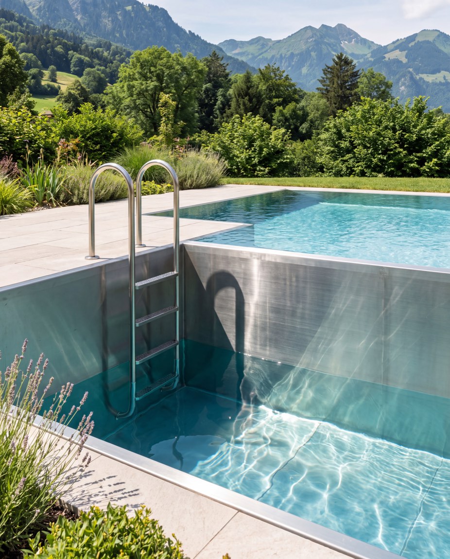 Piscine en inox avec échelle, dans un jardin de montagne