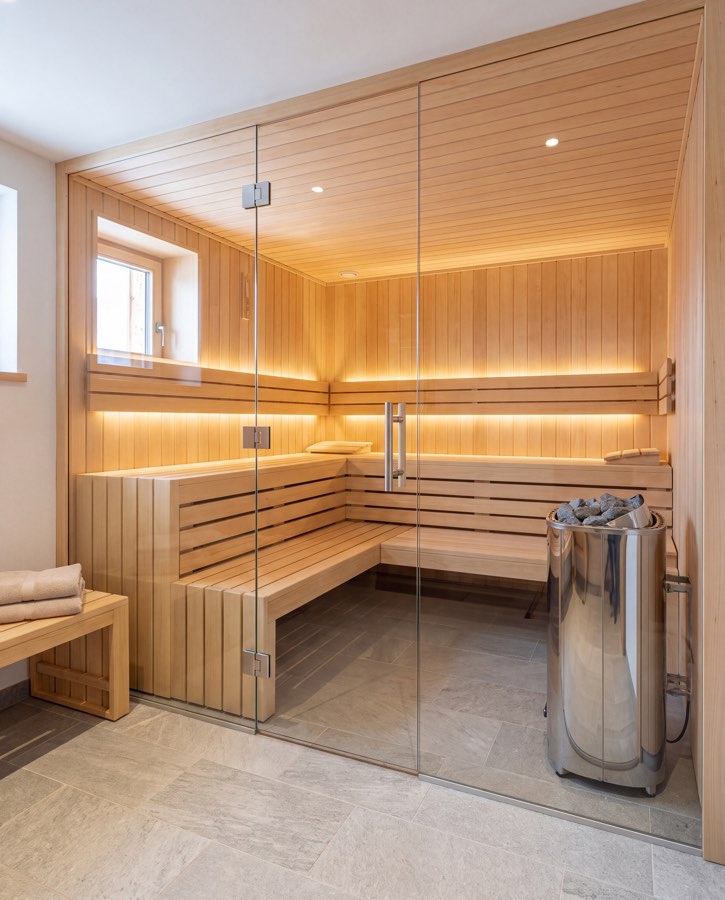 Sauna finlandais en bois clair avec paroi vitrée