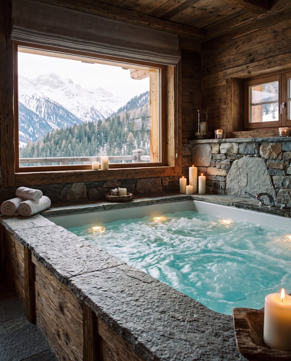 Spa intérieur en pierre dans un chalet, avec vue sur les sommets enneigés